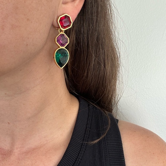 Vintage Jewel Clip On Earrings, Bohemian Vintage Dangle Earrings - Picture 6 of 6